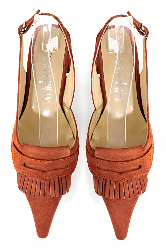Terracotta orange women's slingback shoes. Pointed toe. Medium block heels. Top view - Florence KOOIJMAN